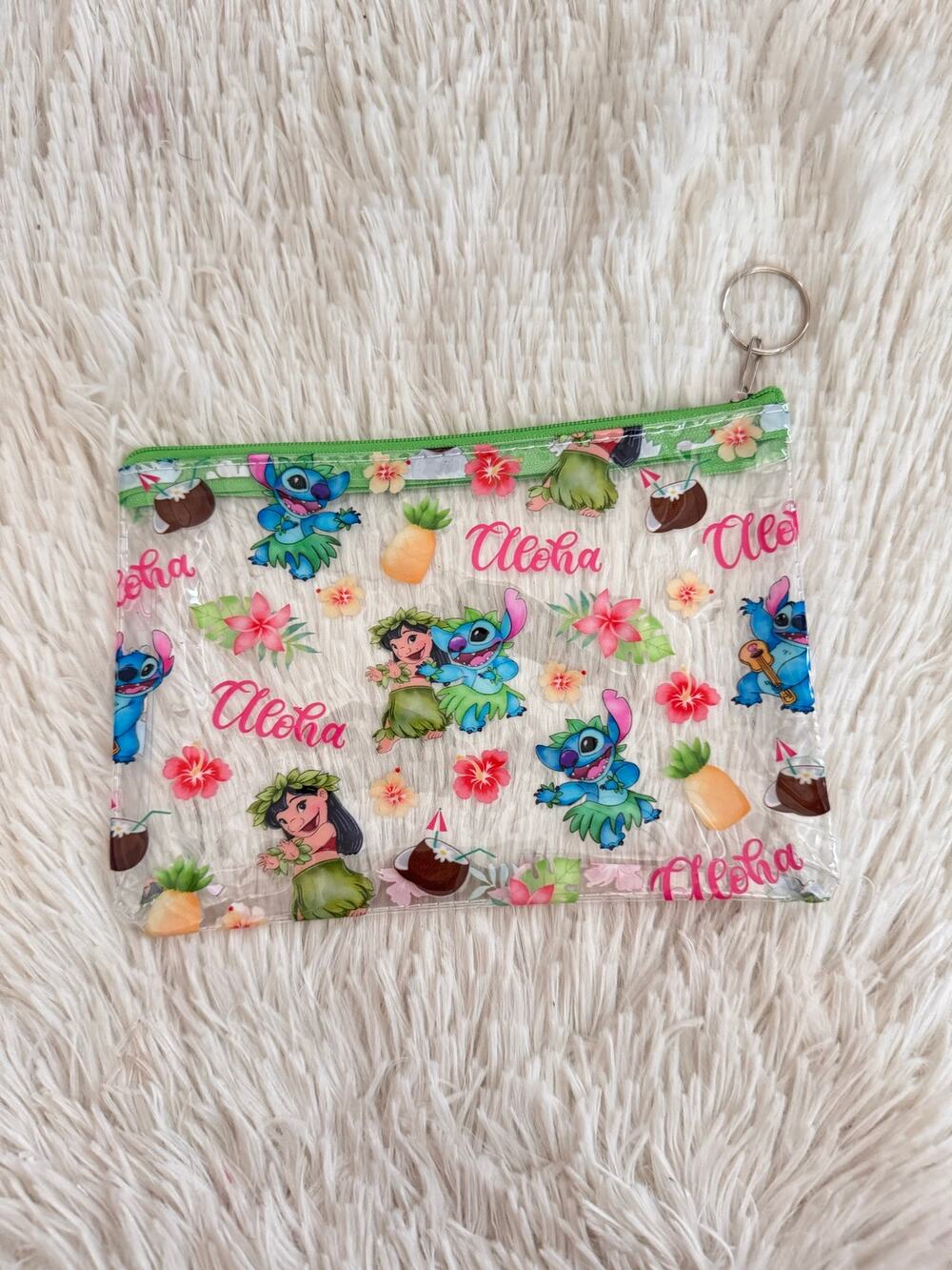 Disney Lilo and Stitch Aloha clear makeup pencil pouch with zipper and Keyring